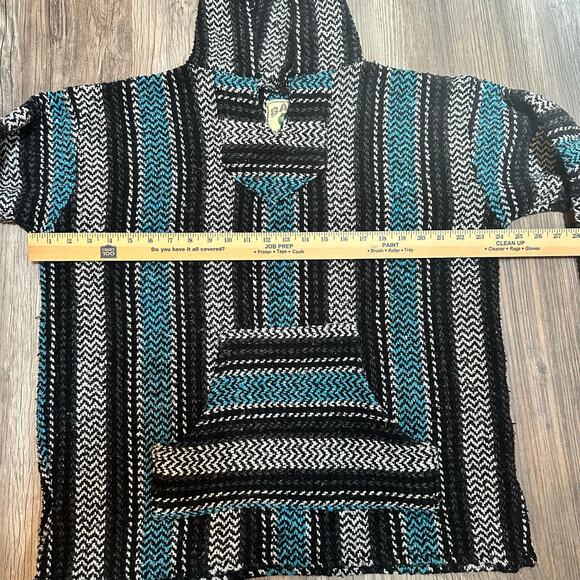 Baja Joe Baja Hoodie Mens Size XL Black Blue Striped Hippie Pullover Rug Poncho - Picture 5 of 8